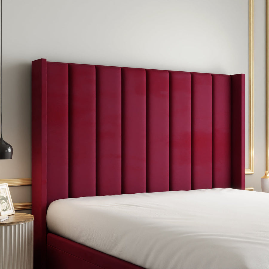 Amelia Lines Wingback Ottoman Storage Divan Bed Set With Footboard - Burgundy Plush