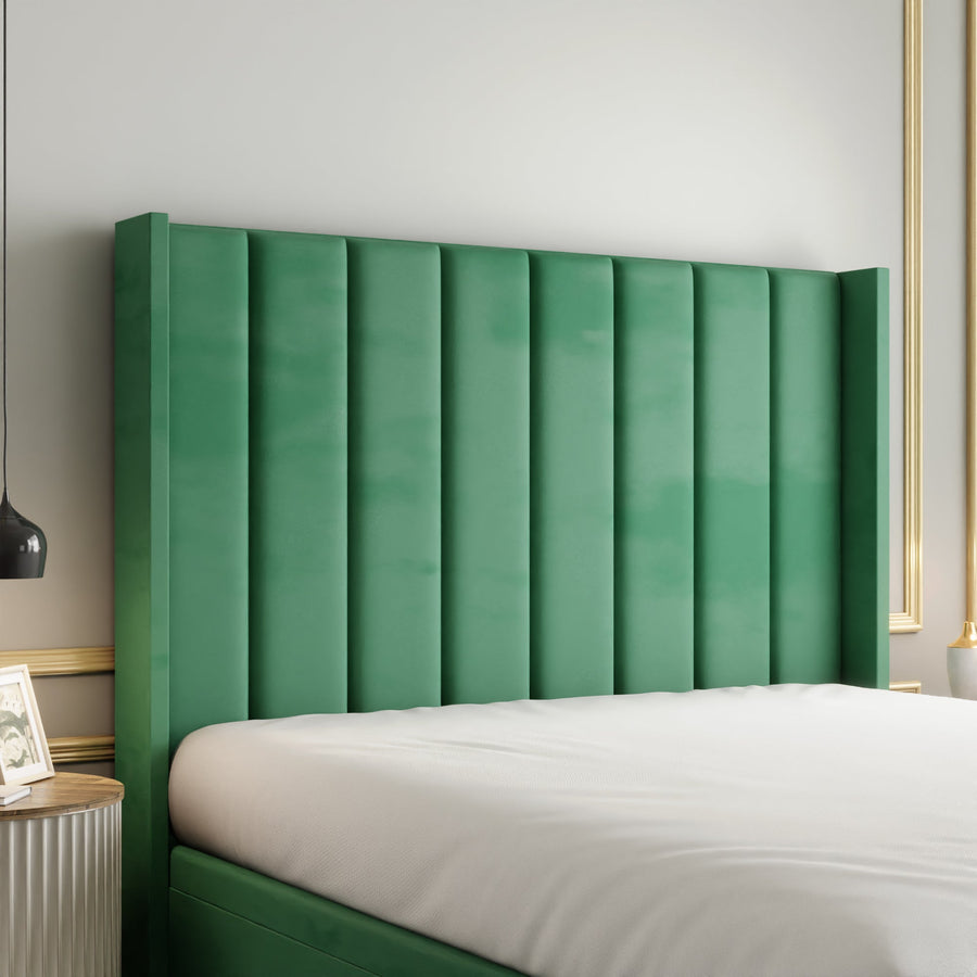 Amelia Lines Wingback Ottoman Storage Divan Bed Set With Footboard - Emerald Plush