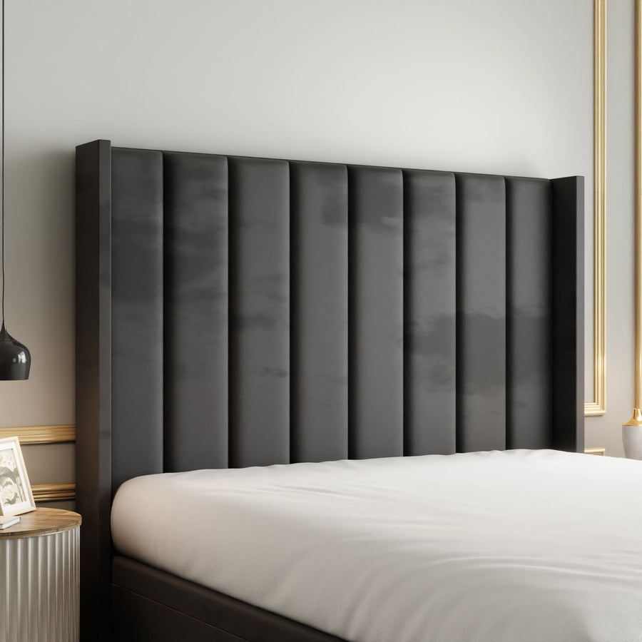 Amelia Lines Wingback Ottoman Storage Divan Bed Set With Footboard - Steel Grey Plush