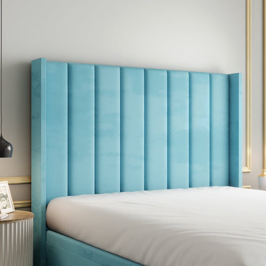 Amelia Lines Wingback Ottoman Storage Divan Bed Set With Footboard - Ice Blue Plush