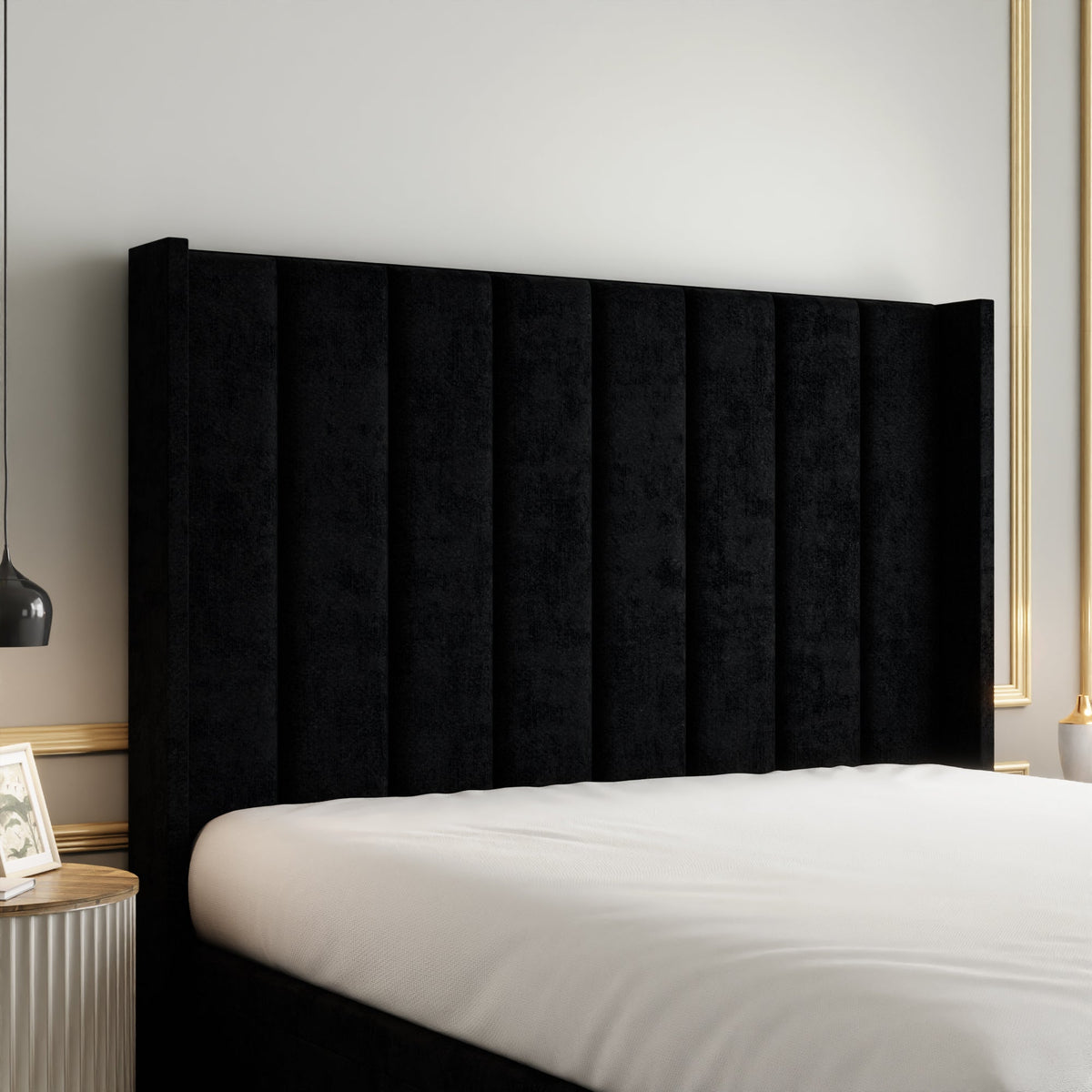 Amelia Lines Wingback Ottoman Storage Divan Bed Set With Footboard - Black Naples
