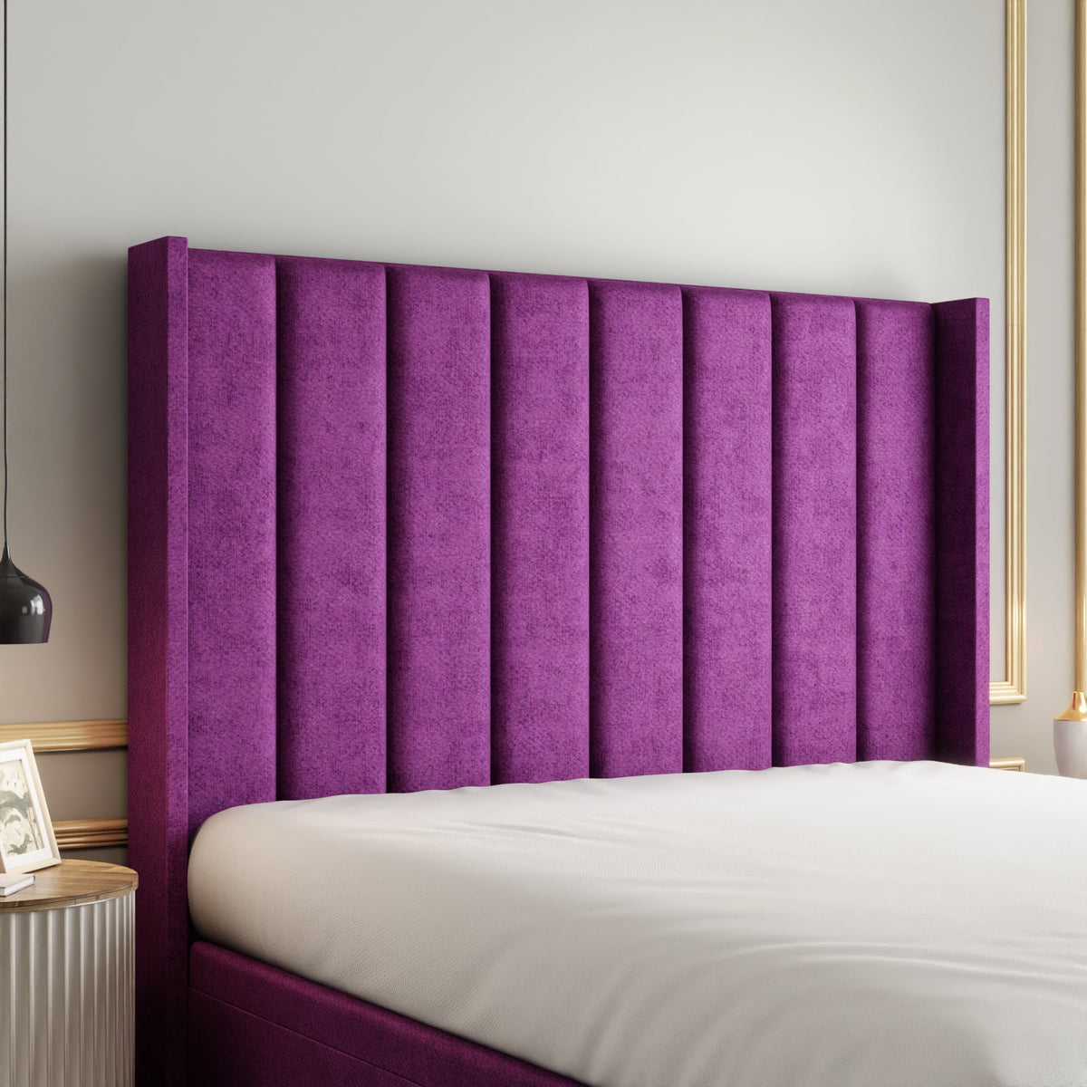 Amelia Lines Wingback Ottoman Storage Divan Bed Set With Footboard - Purple Naples
